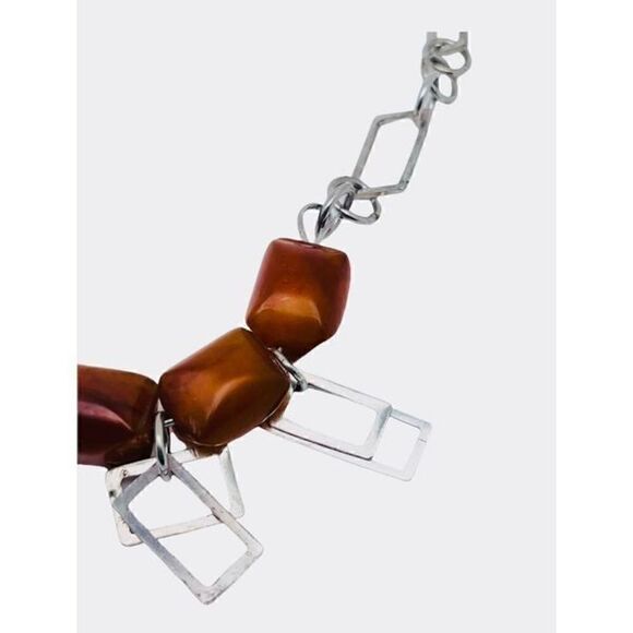 BAKELITE Vintage .925 Sterling Silver and Bakelite Bead Geometric Necklace - Picture 3 of 4